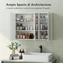 Specchio Bagno Contenitore 91,5x11,5x65 cm con 3 Ante e Ripiani Regolabili da Parete in MDF e Vetro Bianco      