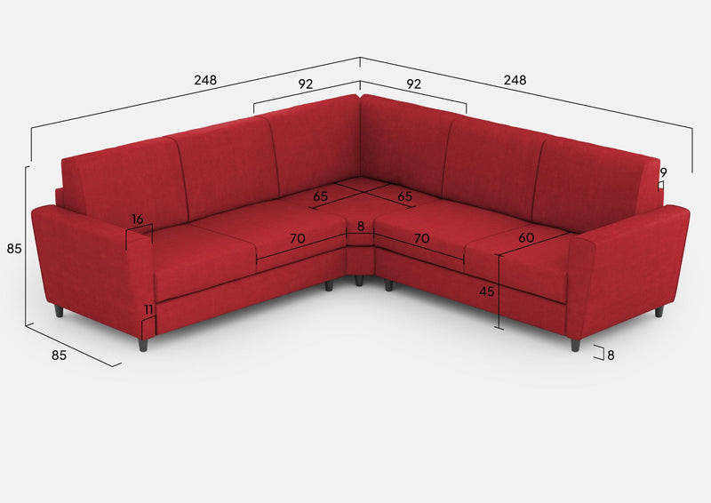 Divano Angolare 5 Posti 248x248x85 cm Yasel in Tessuto Rosso