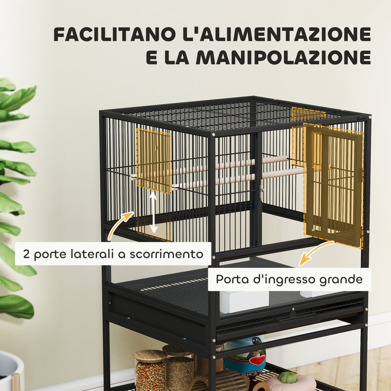 Gabbia per Uccelli 48x46x83 cm Vassoio e Griglia Rimovibili con Ripiano Portaoggetti in Acciaio e PP Nero  