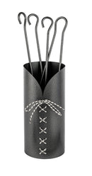 Trespolo per Attrezzi Camino Cilindrico Laccio con Paletta Scopino Attizzino e Pinza Ø15,2x62 cm in Ferro Verniciato Grigio Martellato