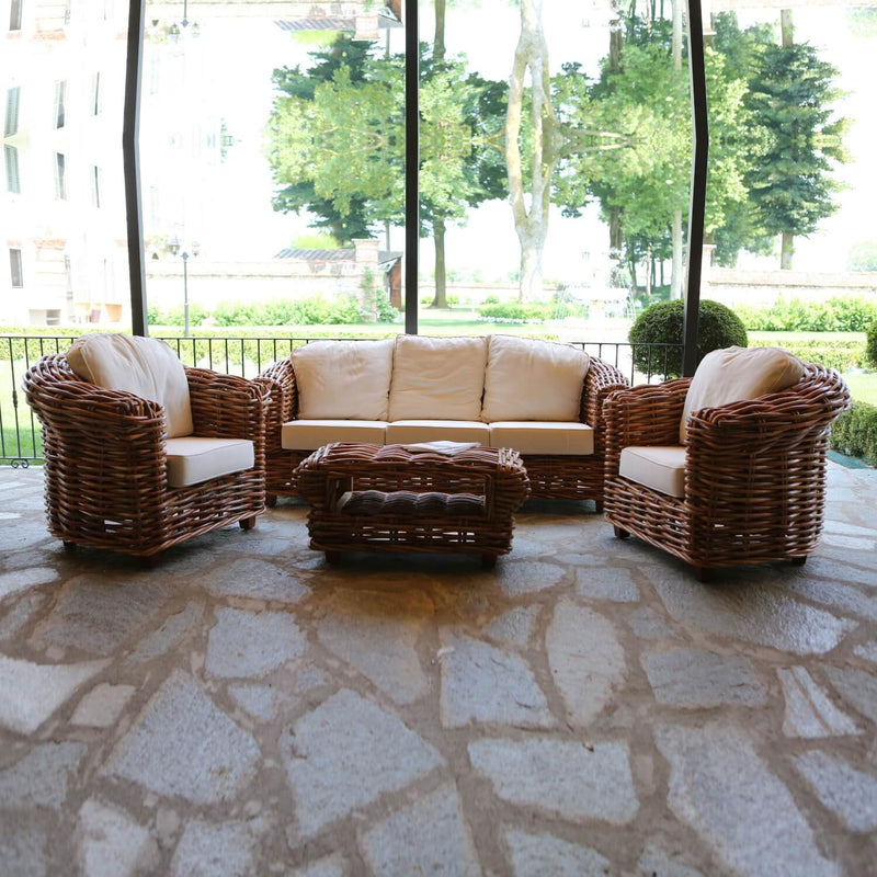 Set Salotto da Giardino 2 Poltrone Tavolino Divano 3 Posti in Rattan Astana Naturale