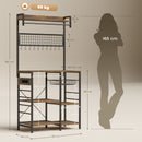 Mobile Scaffale Cucina 80x42x162 cm con Prese e LED Pannello in Metallo con 10 Ganci 5 Ripiani e Cestello Marrone Rustico      