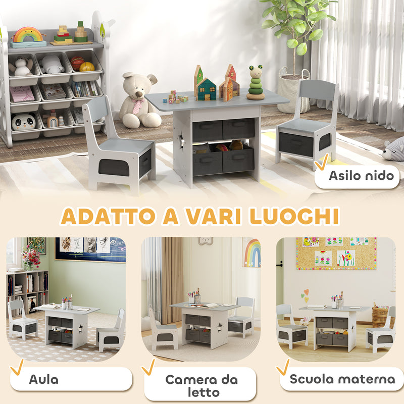 Set Tavolo e Sedie per Bambini 3-8 Anni con 6 Cassetti e Bordi Arrotondati in Legno e Tessuto Grigio e Bianco      
