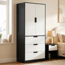 Armadio 2 Ante con 3 Cassetti 80x50x180 cm con Barra Appendiabiti in Melamina Nero Bianco      
