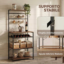 Scaffale Cucina a 5 Livelli Stile Industriale 59x40x143,5 cm con 6 Ganci e Portabottiglie in Truciolare e Metallo Noce      