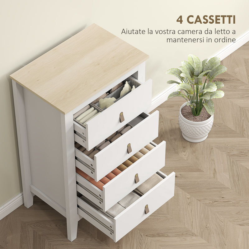 Cassettiera per Camera da Letto a 4 Cassetti 60x40x98 cm con Maniglie in Finta Pelle in Legno Bianco  