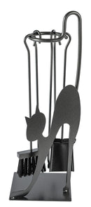 Trespolo per Attrezzi Camino Rettangolare Sagoma Gatto con Paletta Scopino Attizzino e Pinza 28x19x66 cm in Ferro Verniciato