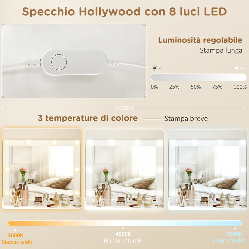 Consolle Trucco con Specchio Stile Hollywood 8 Luci LED con 7 Cassetti e Sgabello Imbottito in Legno Bianco      