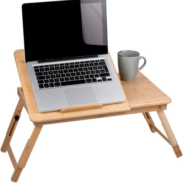 Tavolino Vassoio 50x30x21,5-27,5H cm Piano Inclinabile con Porta Bevande in Bambù sconto