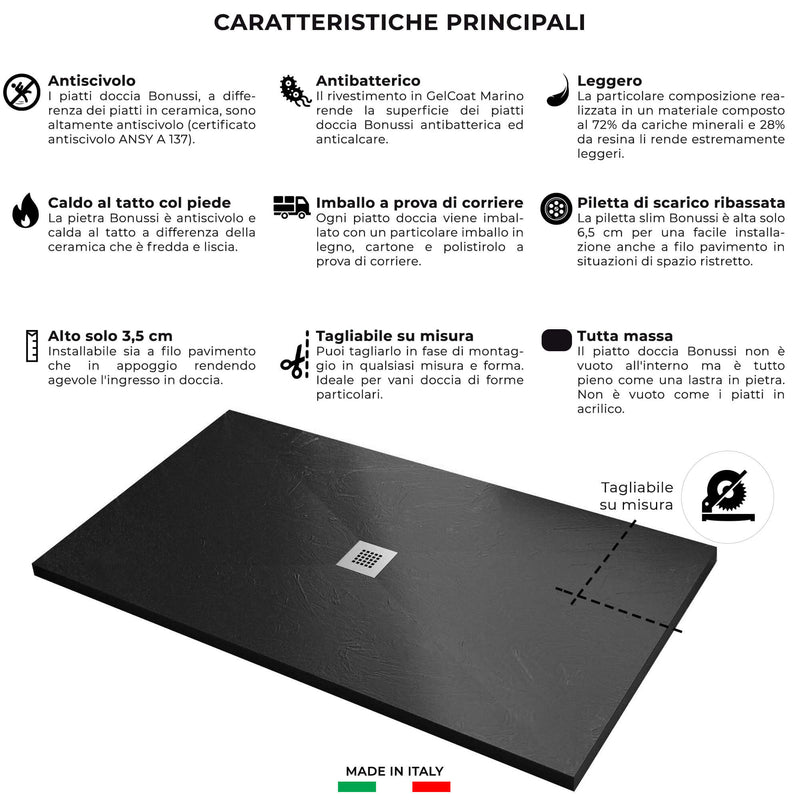 Piatto Doccia in Pietra Bonussi Ardesia Stone Central Nero Varie Misure