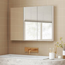 Specchio Bagno Contenitore 91,5x11,5x65 cm con 3 Ante e Ripiani Regolabili da Parete in MDF e Vetro Bianco      