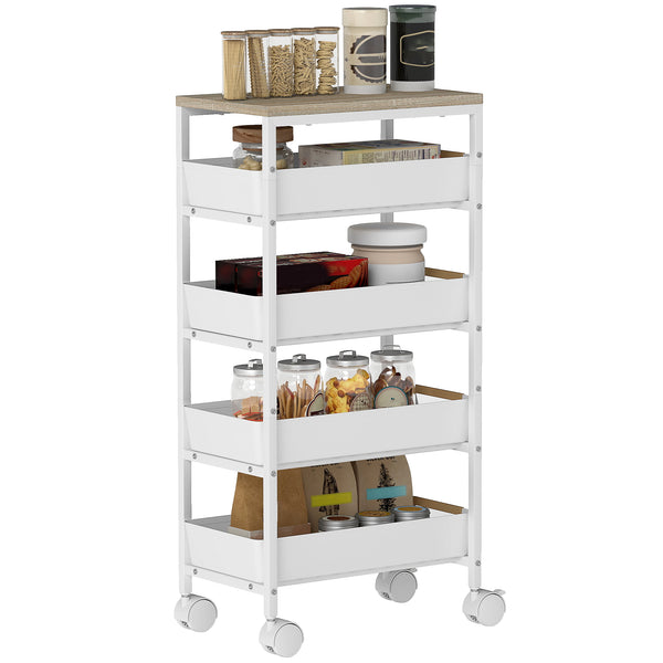 Carrello da Cucina a 5 Livelli 39,5x24x82 cm con 4 Cesti Estraibili in PP e Legno Bianco prezzo
