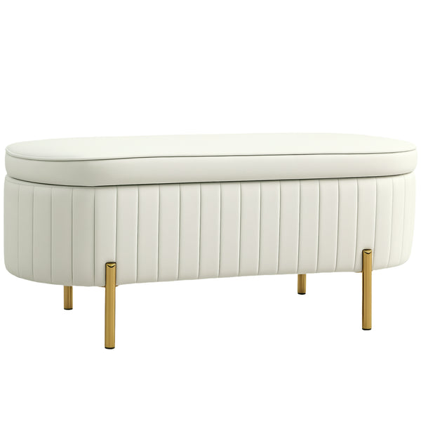 online Panca Contenitore Ovale 108x44x43,5 cm con Coperchio Sollevabile in Tessuto Vellutato Crema