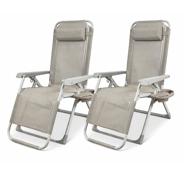 online Set 2 Sedie Sdraio Gravity Luxor 90x67x110 cm con Vassoio Portaoggetti Poggiapiedi e Cuscino Tortora