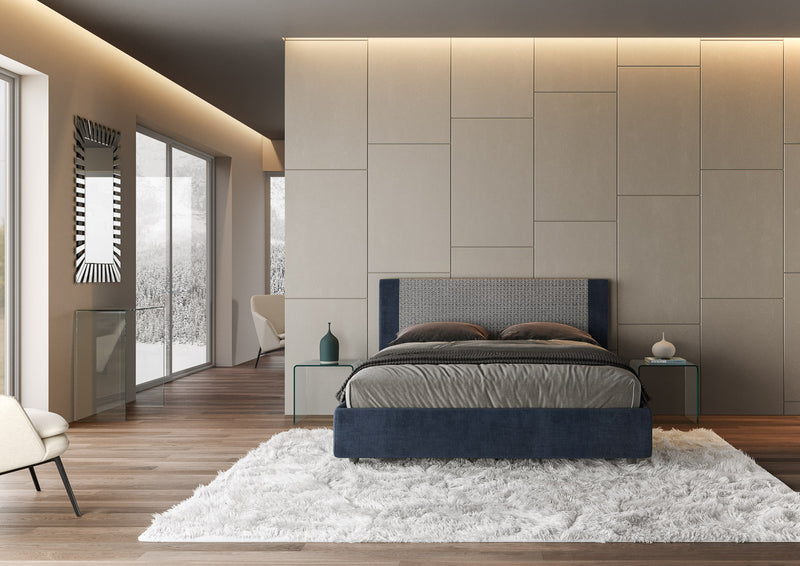 Letto Matrimoniale con Testata e Alzata Comoda Imbottito in Tessuto Labirinto Rosal Blu Varie Misure