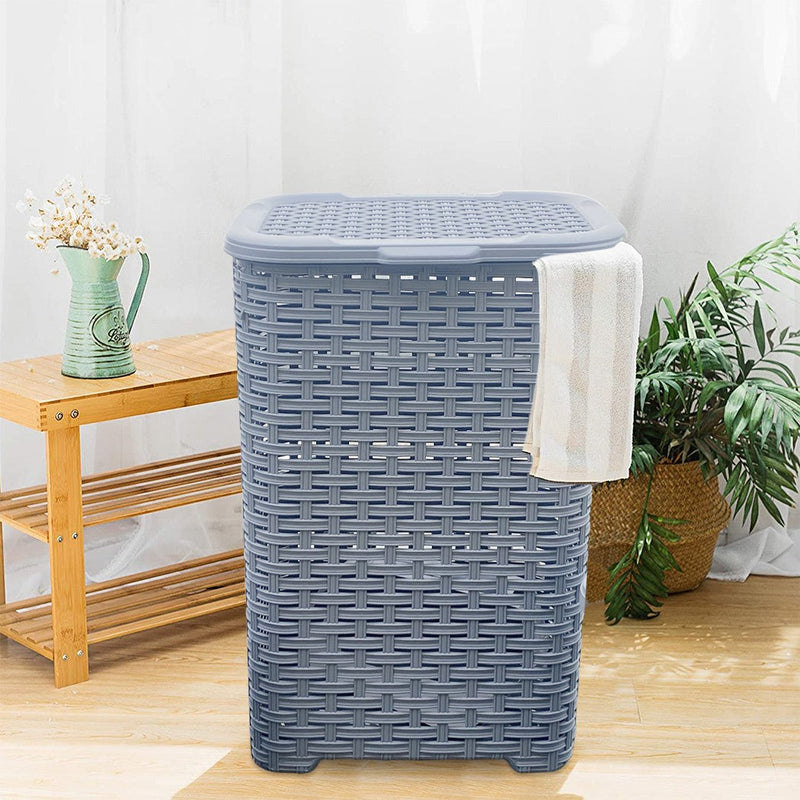 Set Accessori Bagno Cesto Biancheria Cestino Rifiuti Scopino in Rattan Grigio