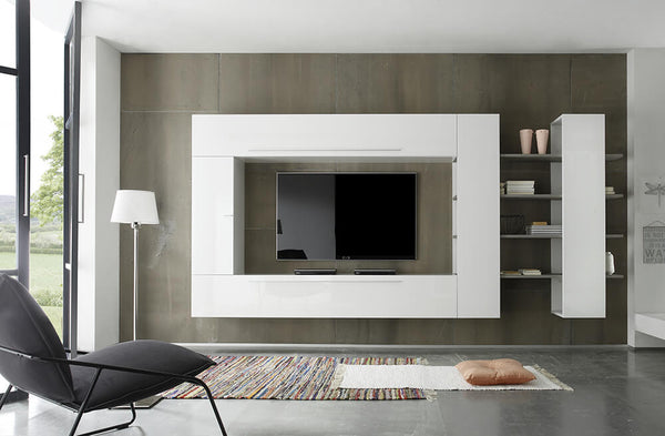 sconto Wohnwand Wohnmöbel 3 Hängemöbel 1 Wand Bücherregal 342x36x191cm TFT Line Glossy White Grey Oak