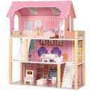Casa delle Bambole per Bambini 3-6 Anni 59x23,6x69,5 cm a 3 Piani con 10 Mobili e 6 Stanze in MDF e Legno di Pino Rosa      