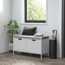 Panca Scarpiera 2 Armadietti con Cuscino 84x35x50 cm in Tessuto Effetto Lino e Legno Bianco 