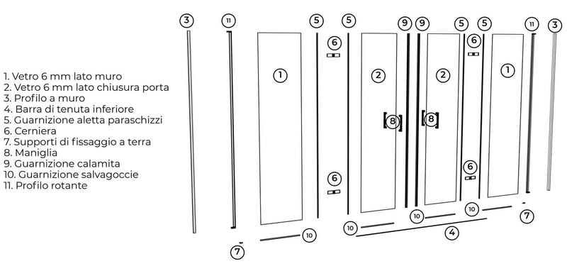 Porta Parete Doccia 2 Ante a Libro in Cristallo Trasparente 6mm H190 Varie Misure