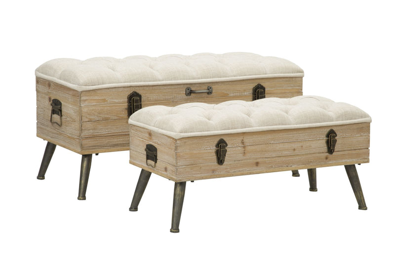 Set 2 Pouf Contenitore Tirana Coppia 102x43,5x49,5 - 82x36x37 cm in Legno e Ferro 