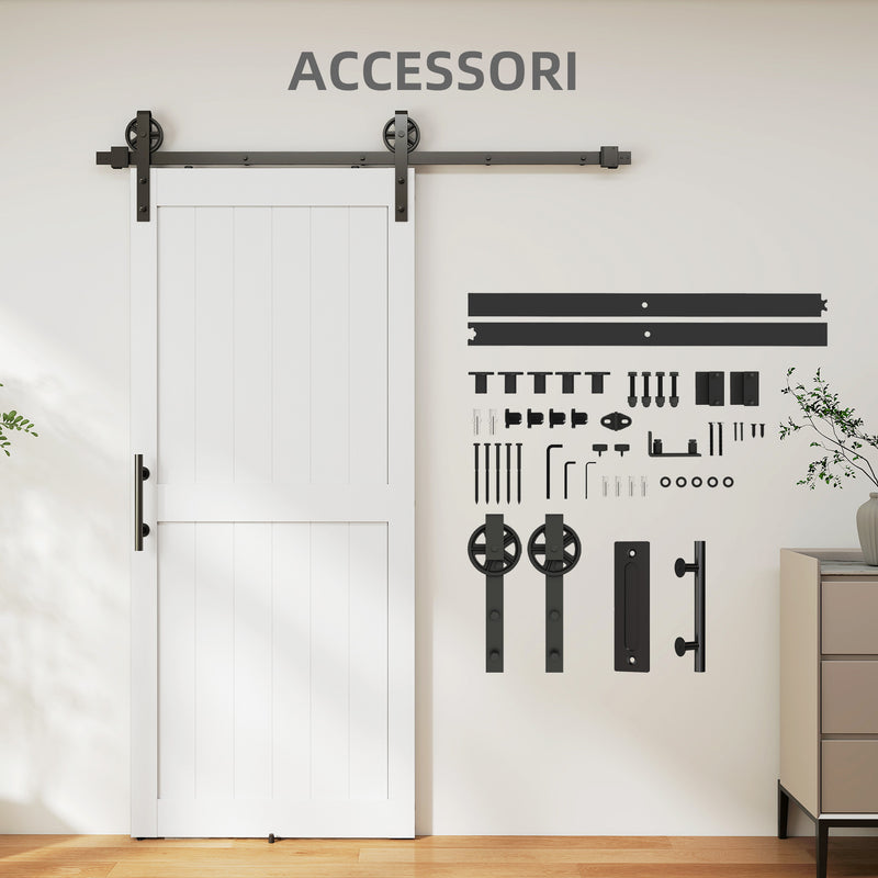 Porta Scorrevole in Stile Country con Binario 91,5x 213,4A cm in Legno e Acciaio Bianco e Nero   