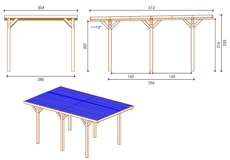 Carpot Box Auto Singolo con Copertura 304x512 cm in Legno