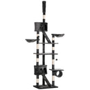 Albero Tiragraffi Multilivello a Soffitto Altezza Regolabile 240-260 cm con Casette e Letti in Peluche e Sisal Grigio  