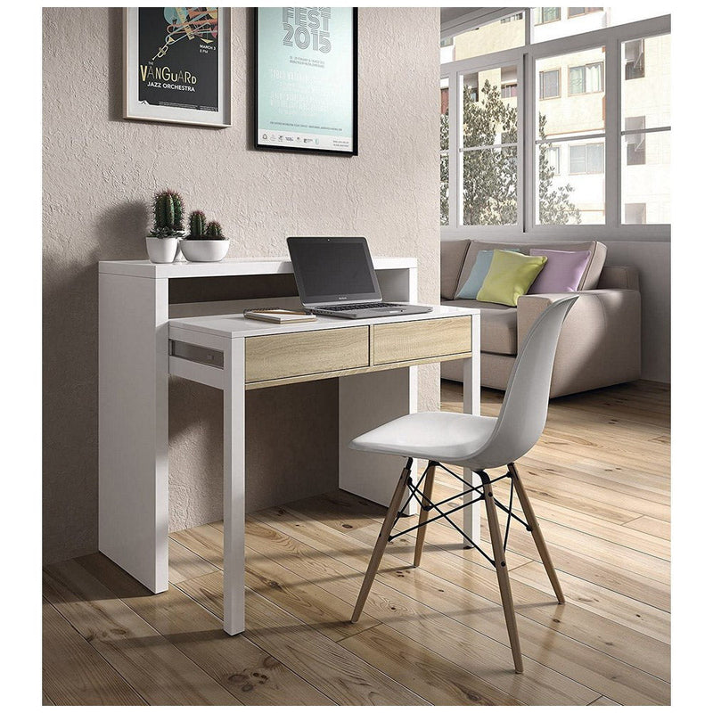 Scrivania Consolle Estensibile 99x36/70x88 cm 2 Cassetti Bianco e Rovere