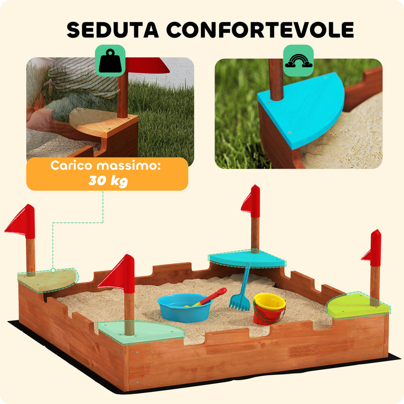Sabbiera per Bambini 90x90x17 cm con 4 Sedute Angolari in Legno di Abete Multicolore 