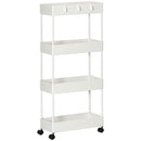 Carrello Cucina a 4 Ripiani 40x19x90 cm con Ganci su Ruote Girevoli in Acciaio e Plastica Bianco      