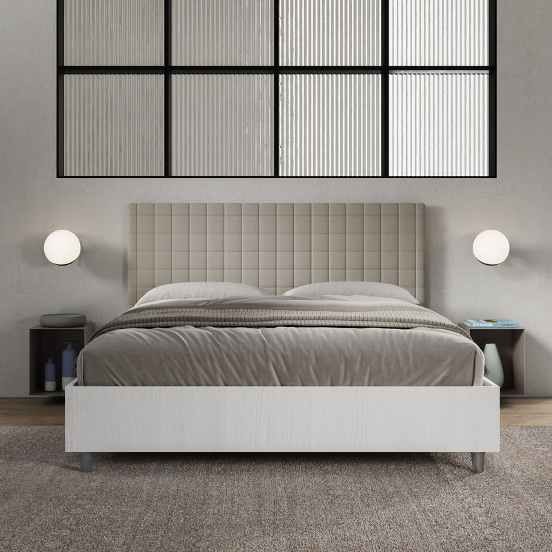 Letto Matrimoniale con Rete e Contenitore Alzata Comoda Struttura Bianco Frassico e Testata in Similpelle Burmy Tortora Varie Misure