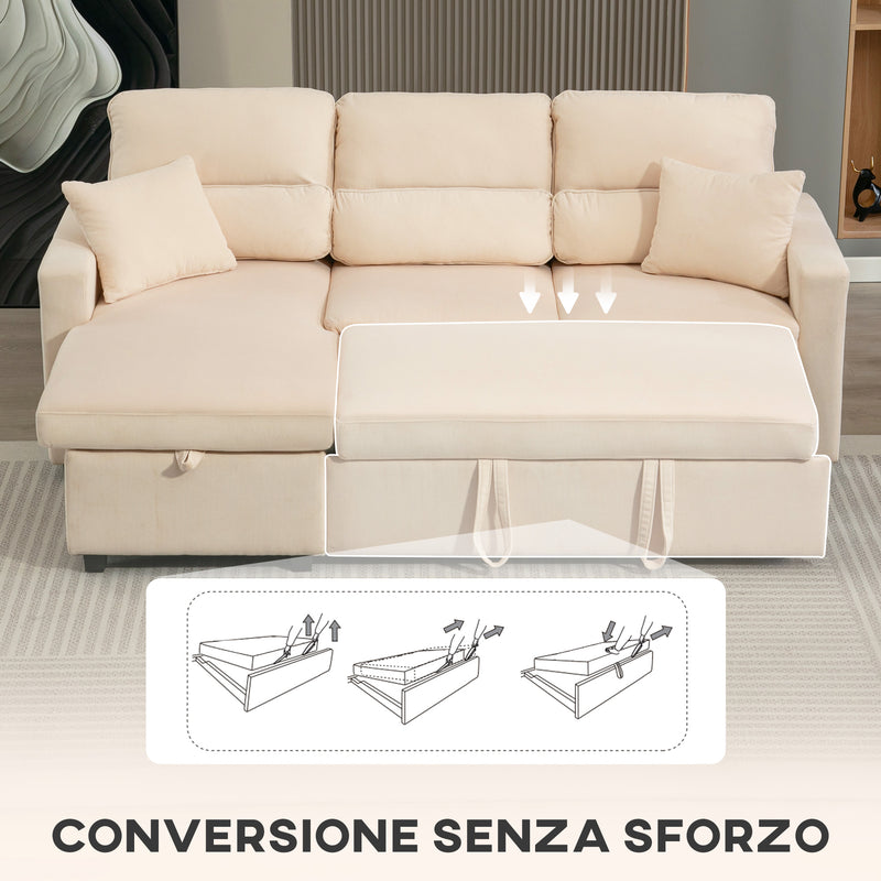 Divano Letto Angolare con Vano Contenitore 205x135x76 cm Rivestimento in Velluto a Coste Beige      