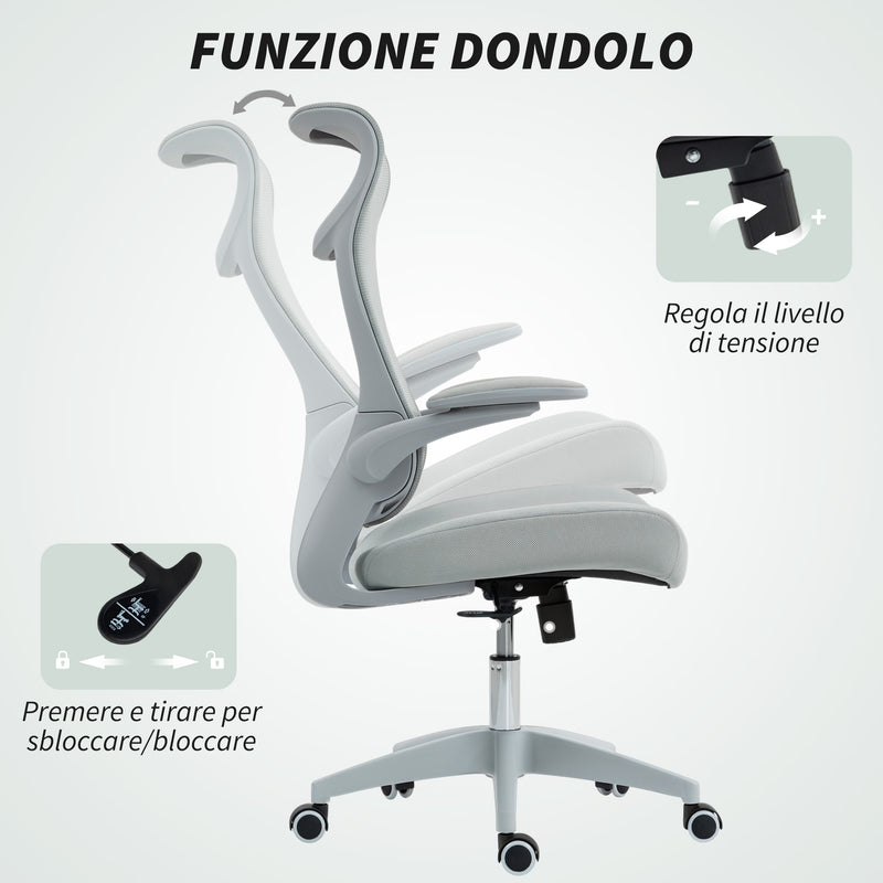 Sedia da Ufficio Ergonomica con Braccioli Regolabili Schienale a Rete e Poggiatesta Grigio      