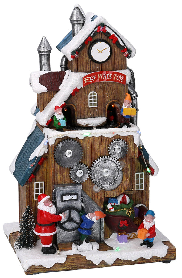 Weihnachtsdorf aus Harz Weihnachtsmann und Elfen mit Lichtern und Geräuschen 18x14,5x29,5 cm Adami prezzo