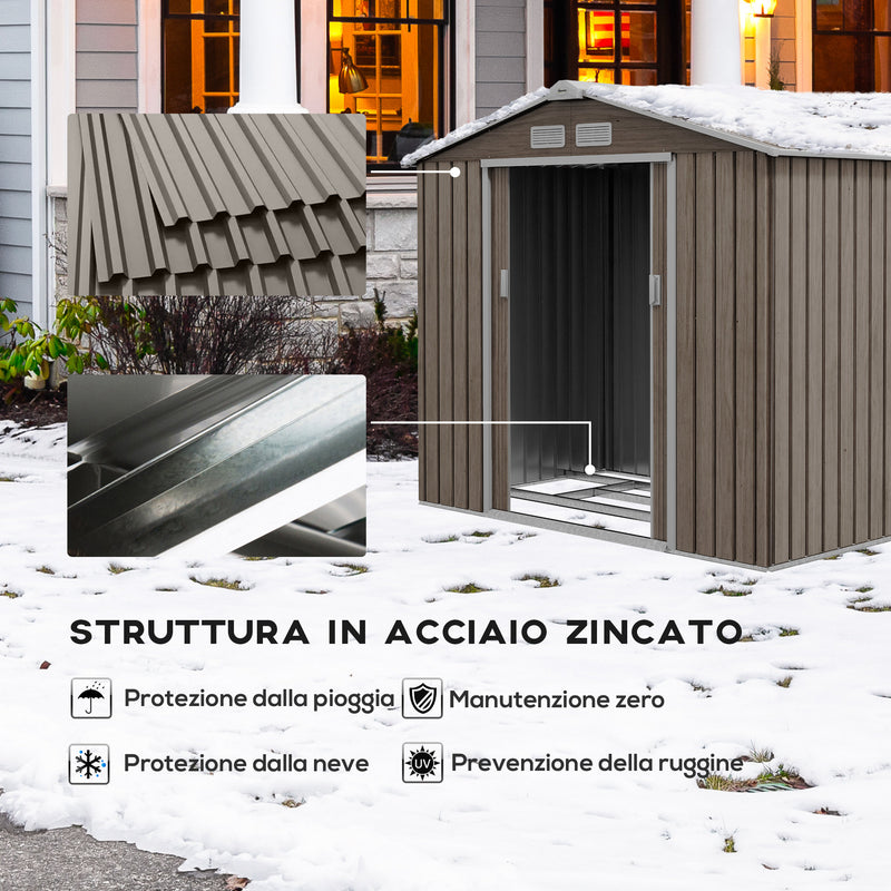 Casetta da Giardino con Prese d'Aria e Doppia Porta Scorrevole  210x130 cm in Metallo Marrone Chiaro 