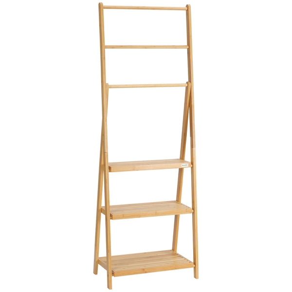 acquista Portasciugamani Bagno Multiuso 53x30,5x152 cm Pieghevole con 3 Barre e 3 Ripiani in Legno Naturale