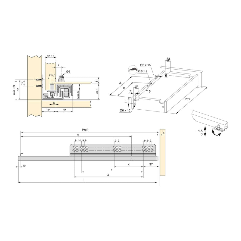 Guide a Scomparsa Slippe per Cassetti ad Estrazione Totale P340 Zincato Bianco Acciaio Emuca