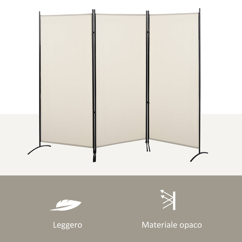 Paravento Separè 3 Pannelli 253x50x182 cm in Metallo e Poliestere Beige