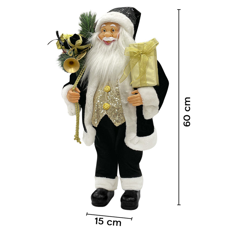 Babbo Natale Abito in Velluto H60 cm con Mini Lucciole e Suoni Nero e Oro