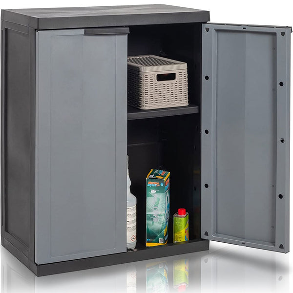 sconto Armadio Basso da Esterno con 2 Ante e 1 Ripiano Regolabile in PP Grigio