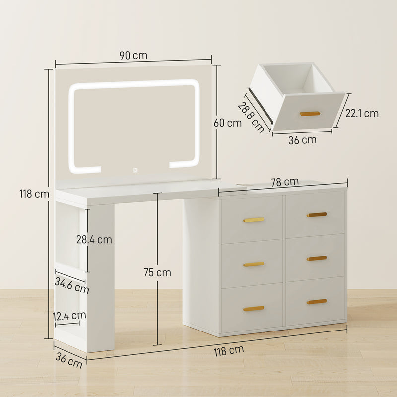 Consolle Trucco con Specchio 118x78x135 cm con Specchio e Luci LED Regolabili in MDF Bianco  