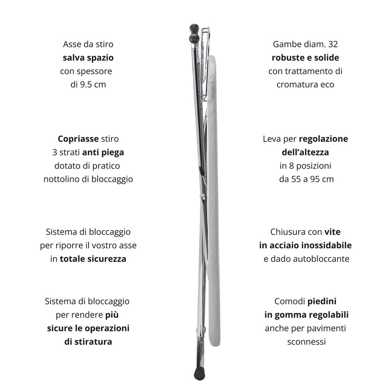 Asse da Stiro Completo Combiboard Plus 125x48 cm con Piano Stiramaniche Gambe Triple Regolabile in Altezza      