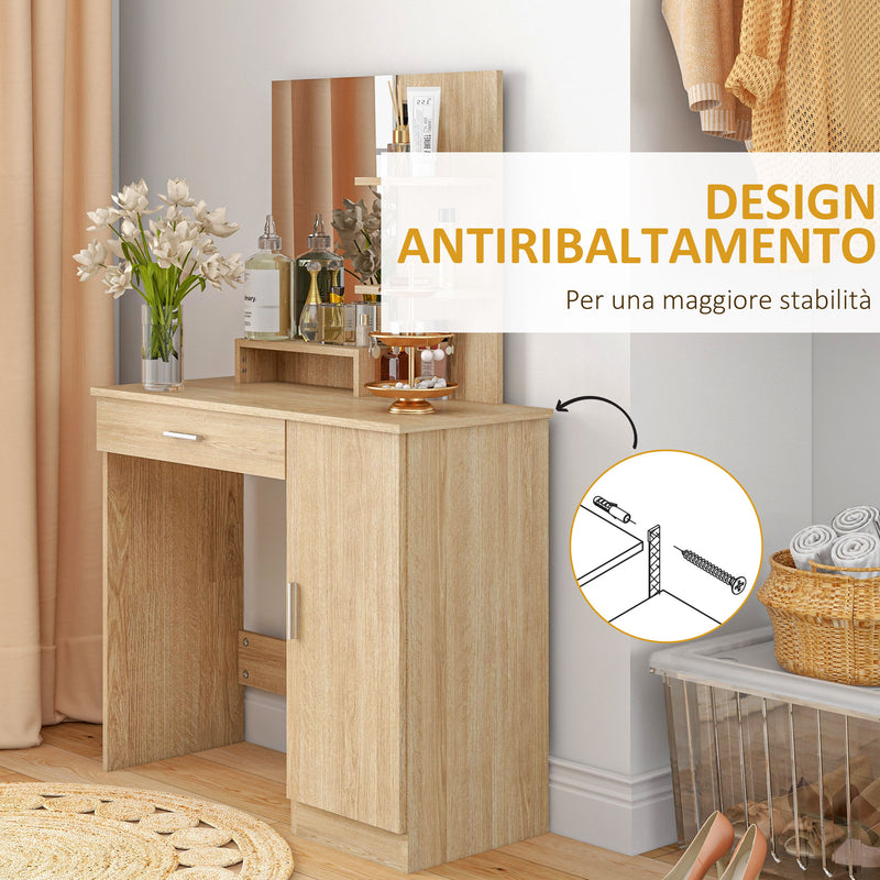 Toeletta da Camera 90x38x138 cm con Armadietto Cassetto Specchio per Trucco e Ripiani Aperti Acero      