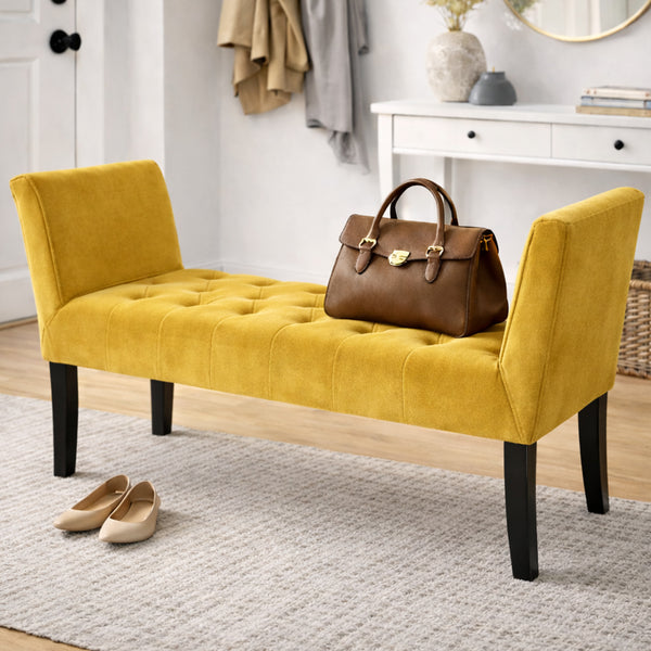 sconto Panca Fondoletto Ingresso 111x40x60 cm con Piedi in Legno e Rivestimento Velluto Mostarda