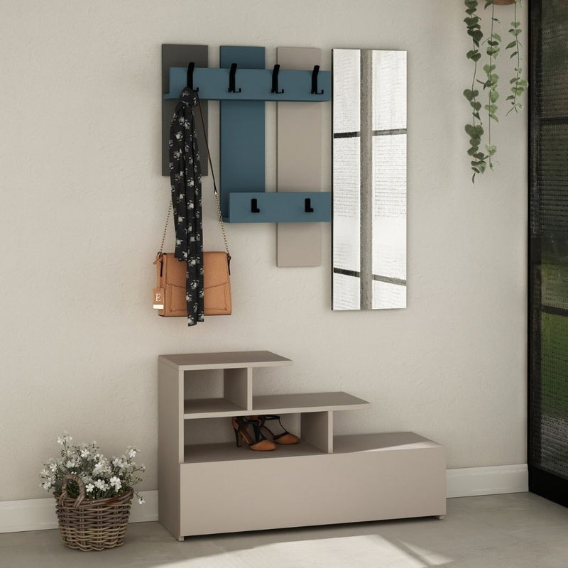 Mobile ingresso Vesty tortora turchese con scarpiera e specchio