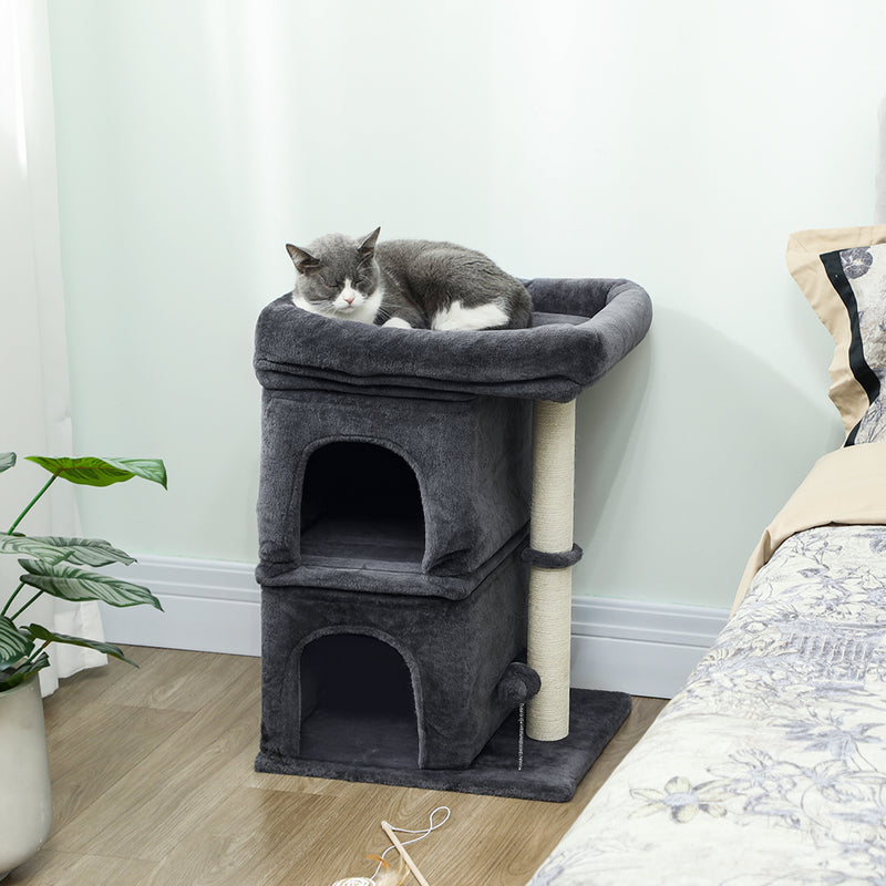 Albero Tiragraffi per Gatti Fino a 7 kg con 2 Casette e Lettino Palo in Sisal e Rivestimento Peluche Grigio Scuro      