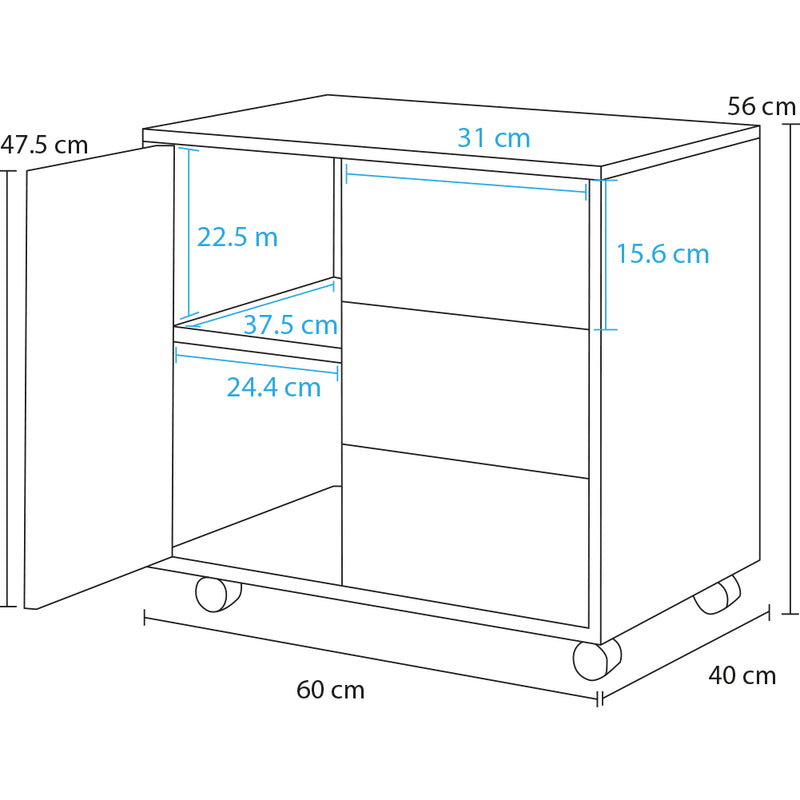 Cassettiera Mobile Ufficio Porta Stampante Salvaspazio 60x40x56 cm con Ruote Rivestimento in Melamina Bianco      