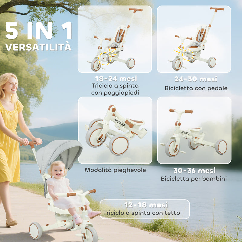 Triciclo per Bambini 5 in 1 96,5x49x101 cm con Maniglione e Cinture di Sicurezza Bianco Crema   