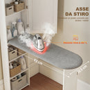 Mobile Asse da Stiro Pieghevole 107x35x174 cm a 6 Ripiani con Specchio e 2 Ganci in Legno e Poliestere Bianco      
